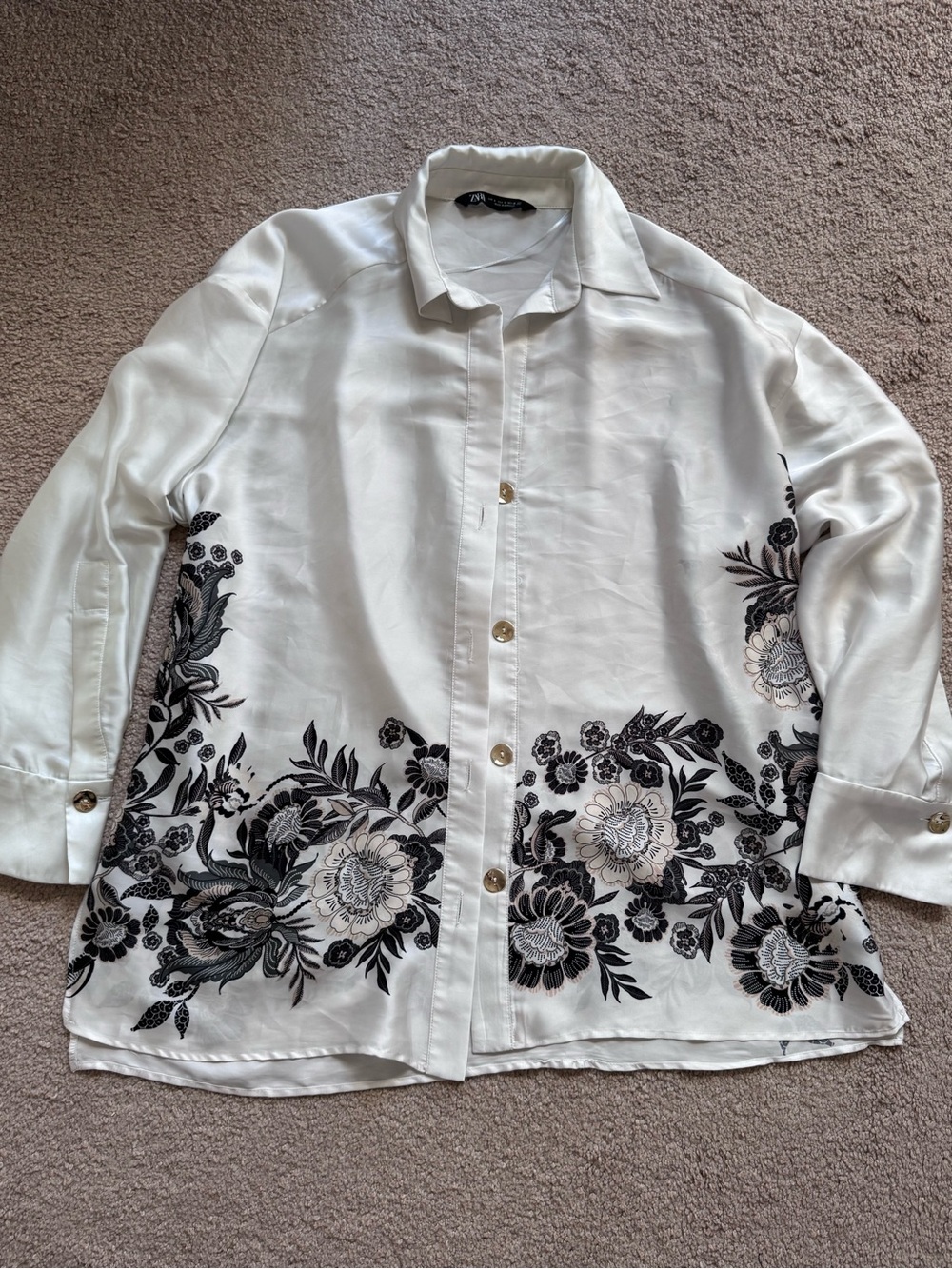 Zara White Button-Down Shirt with Black Floral Border